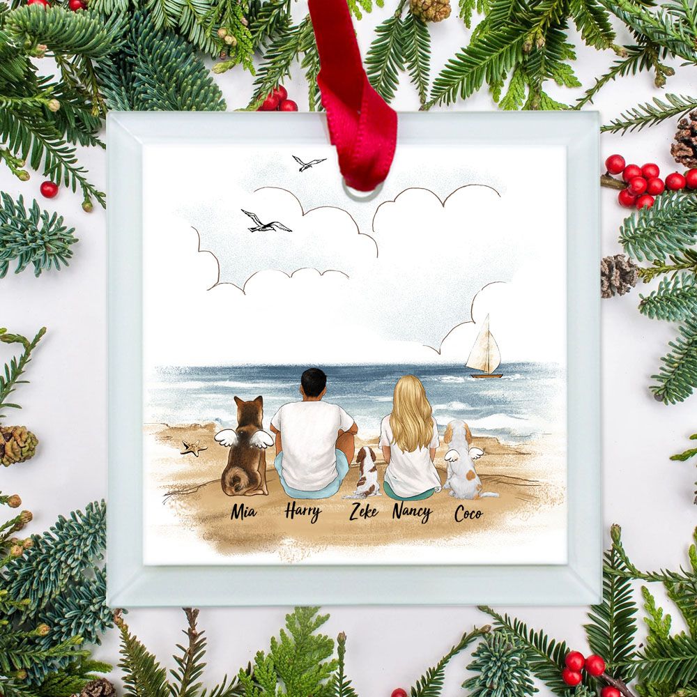 Personalized Christmas Glass Square Ornament gifts for dog lovers - Dog Couple - Beach