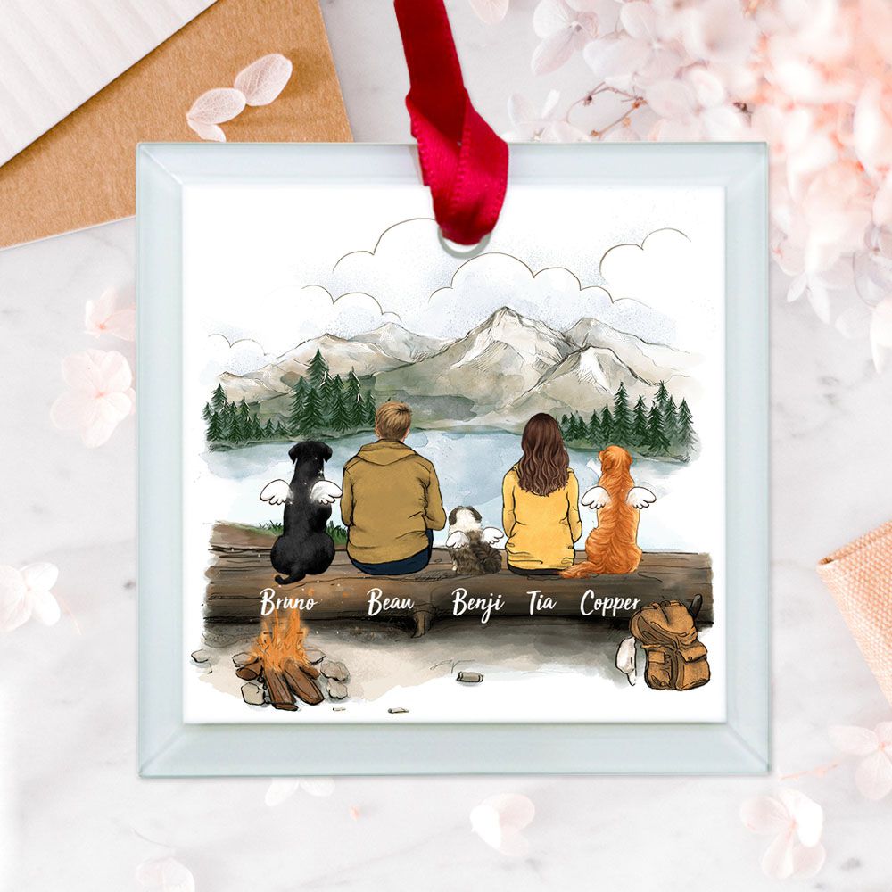 Personalized Christmas Glass Square Ornament gifts for dog lovers - Dog Couple - Hiking