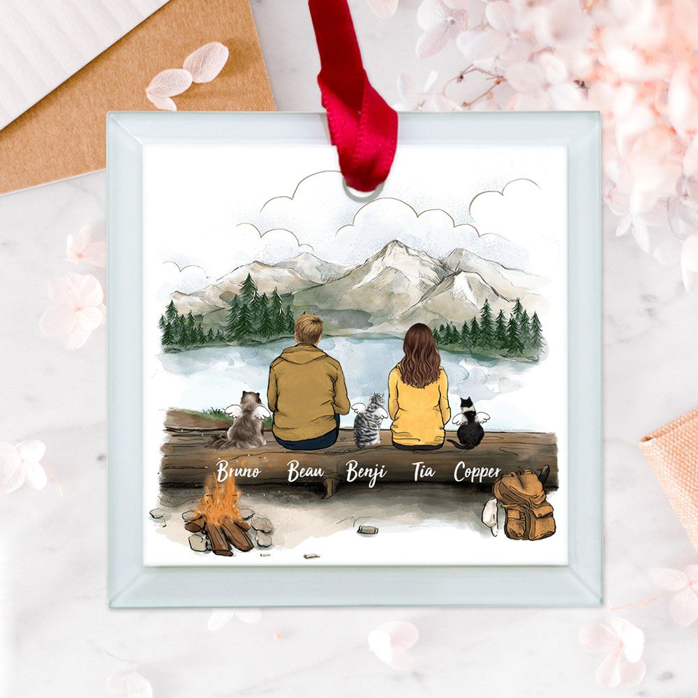 Personalized Christmas Glass Square Ornament gifts for cat lovers - Cat Couple - Hiking