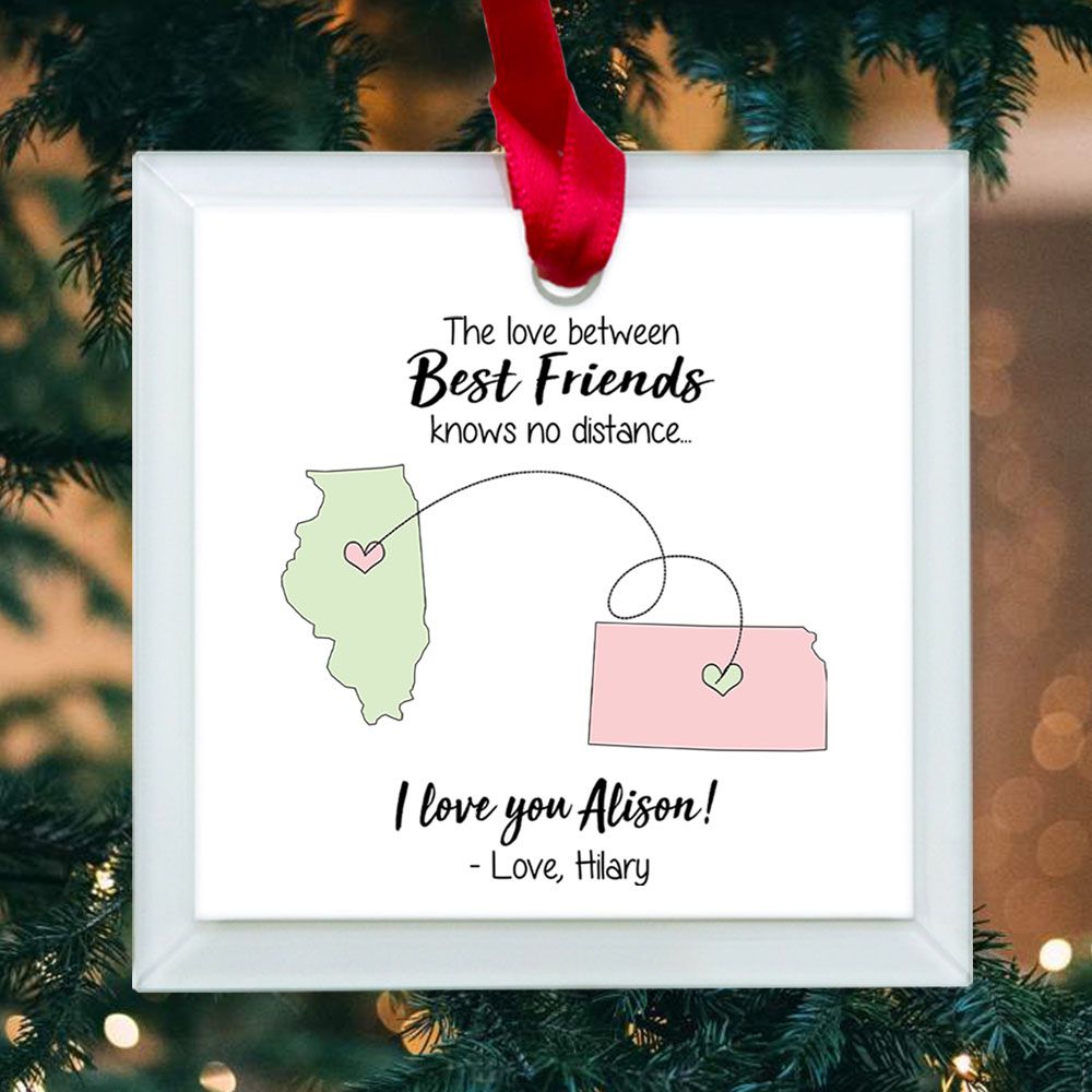 Personalized custom long distance relationship Christmas Glass Square Ornament gifts