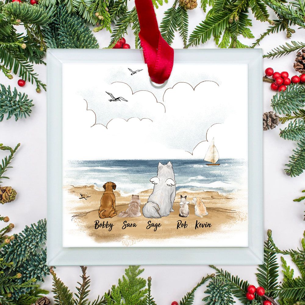 Personalized Christmas Glass Square Ornament gifts for dog cat lovers - Beach
