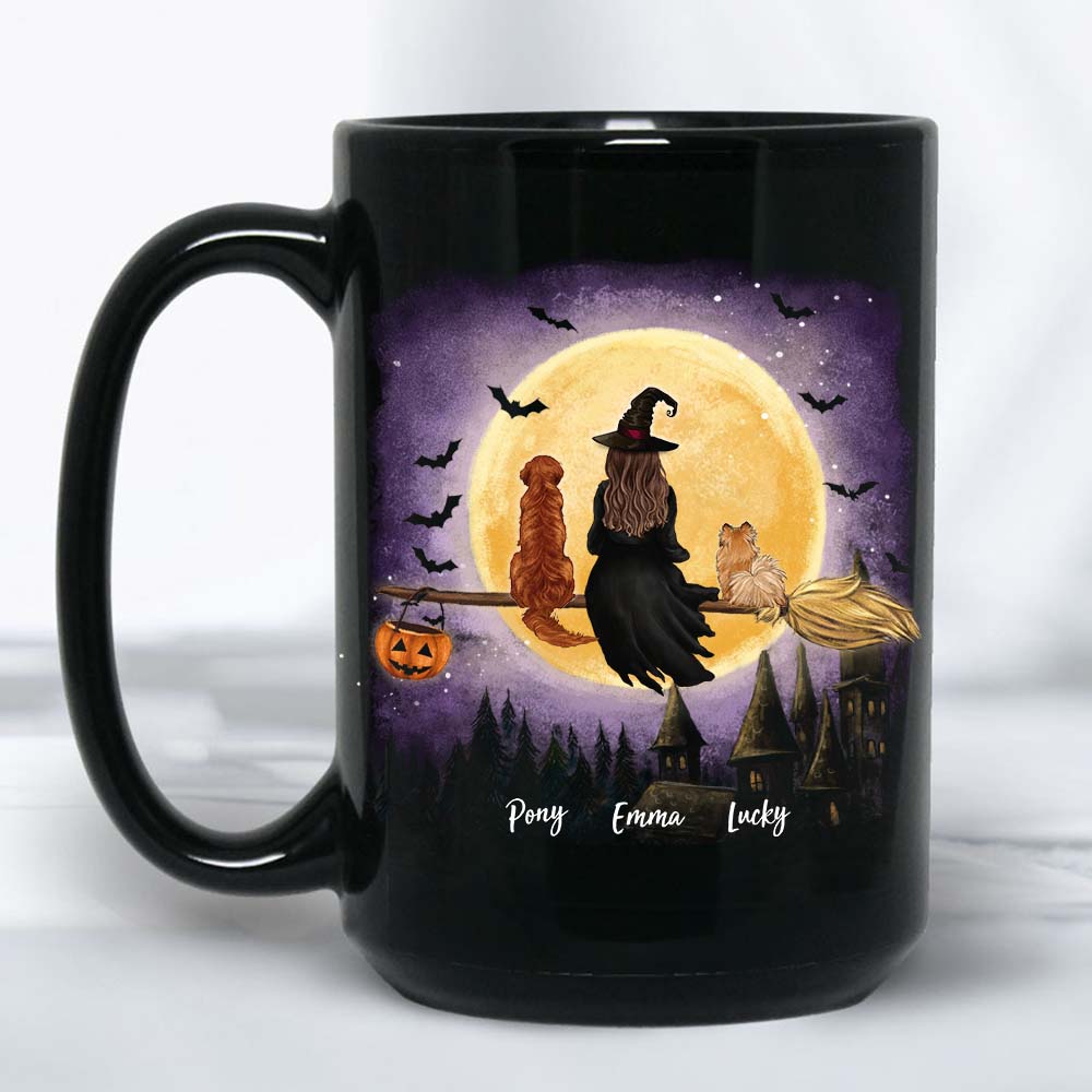 Flying On Broom - Personalized Halloween Mug, Funny Mug For Dog Cat Lovers - Personalized Mug