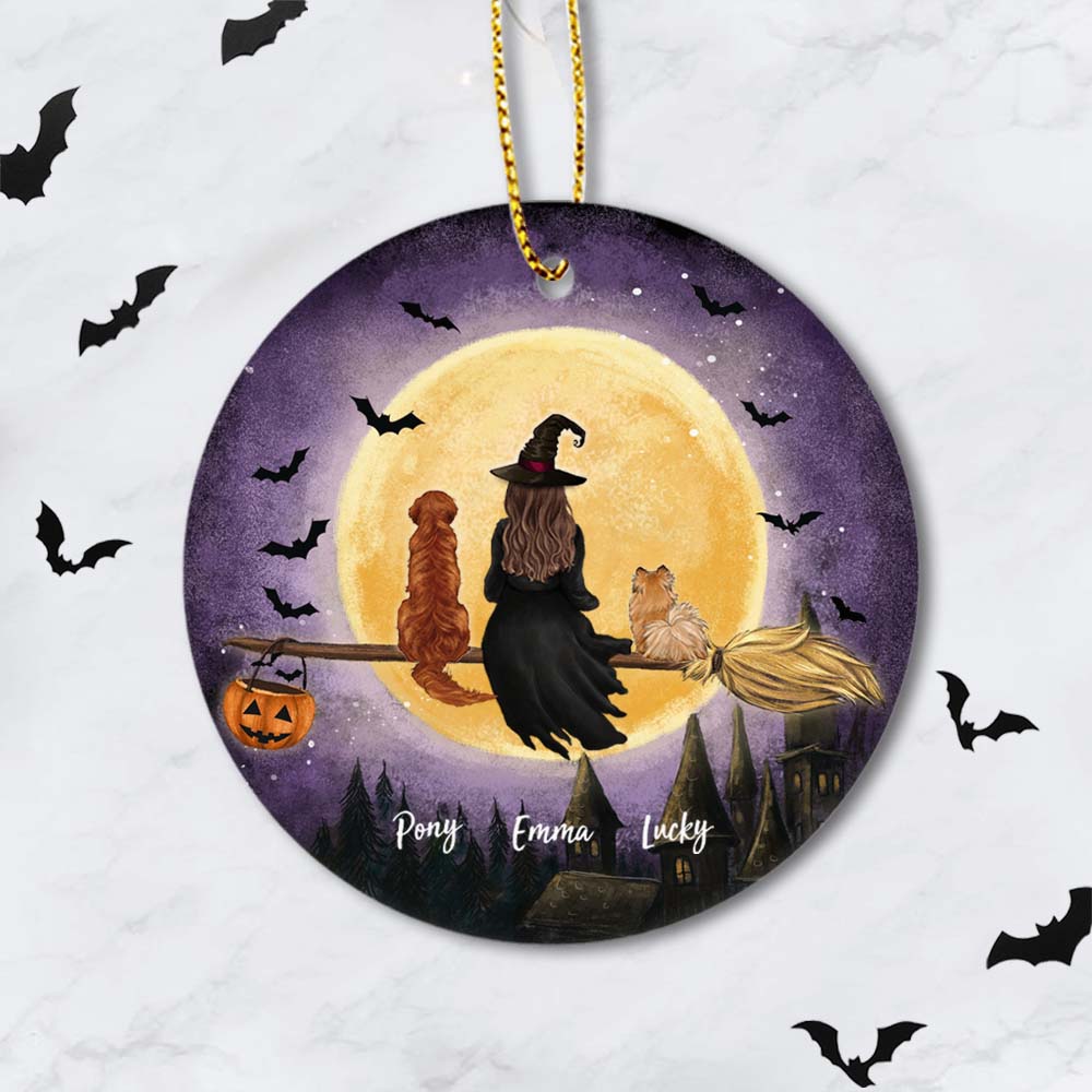 Personalized Halloween ceramic ornament gifts for dog cat lovers - Flying on broom