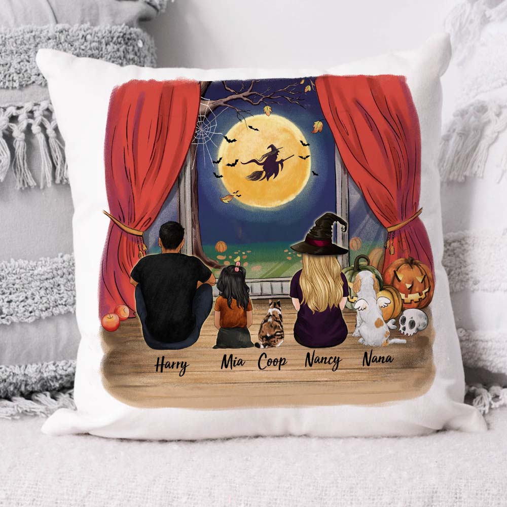 Personalized Halloween Throw Pillow gifts the whole family with dog, cat - Halloween Night