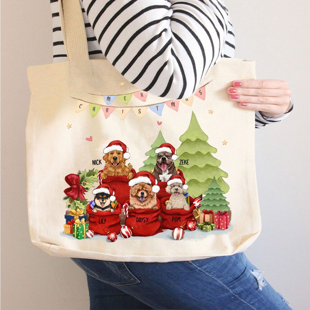 Personalized Christmas rounded canvas tote bag gifts for dog cat lovers - Santa bag