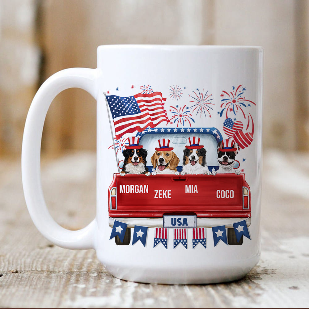 Personalized coffee mug for dog lovers - 4th of July - Pickup Truck