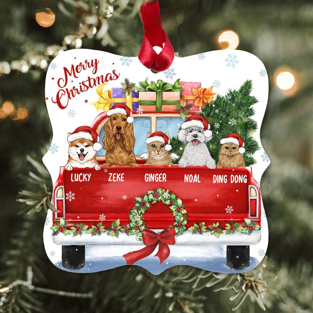Personalized Square Metal Ornament gifts for dog cat lovers  - Christmas Pickup Truck