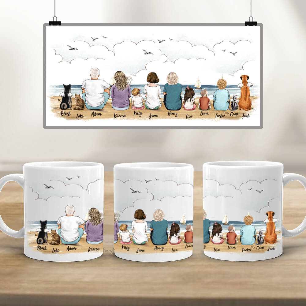 Personalized Edge to Edge coffee mug gifts with the whole family &amp; dog &amp; cat - UP TO 12 PEOPLE &amp; PETS - Beach