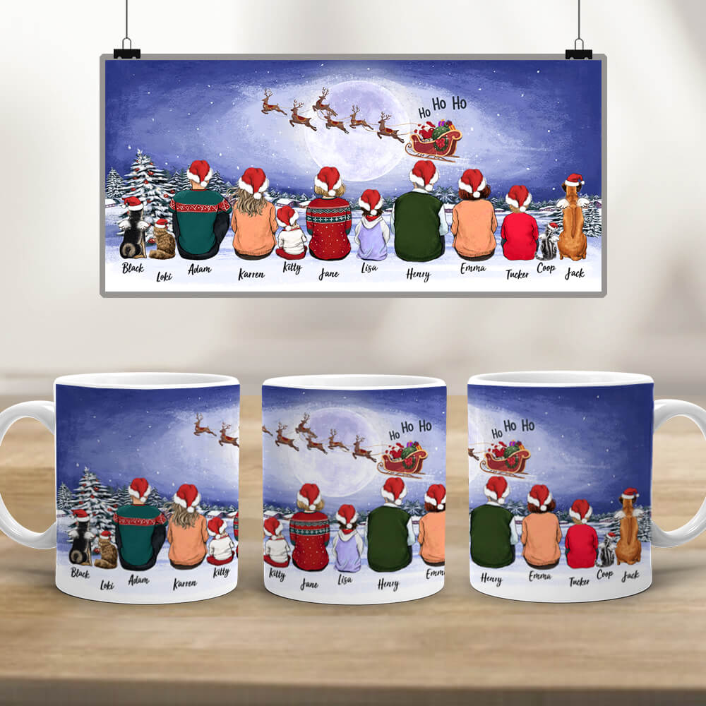Personalized Edge to Edge coffee mug gifts with the whole family &amp; dog &amp; cat - UP TO 12 PEOPLE &amp; PETS - Santa Ho Ho Ho