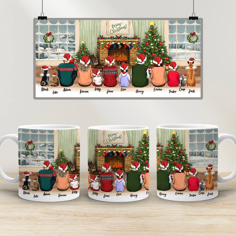 Family &amp; Dog &amp; Cat - Up To 12 People &amp; Pets - Personalized Christmas Mug For Family, Dog Cat Lovers - Edge To Edge Coffee Mug