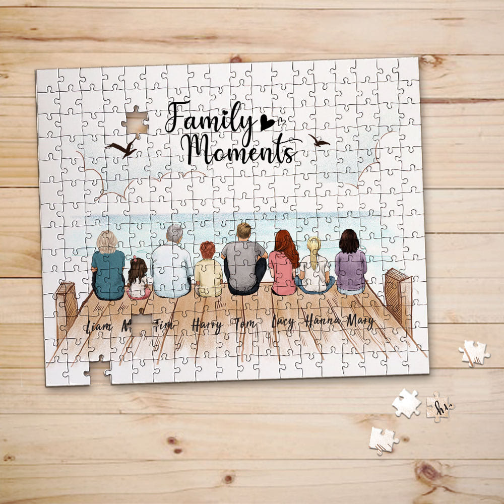 Personalized puzzle gifts for the whole family with custom message - UP TO 8 PEOPLE - Wooden dock