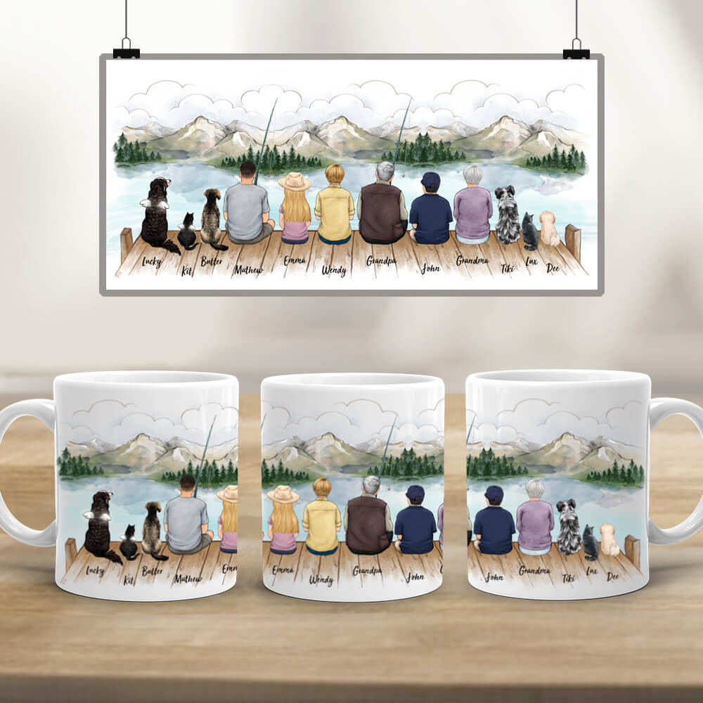 Personalized Edge to Edge coffee mug gifts with the whole family &amp; dog &amp; cat - UP TO 12 PEOPLE &amp; PETS - Fishing