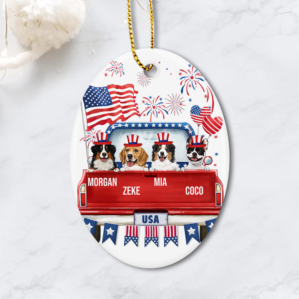 Personalized Ceramic Ornament (PRINTED ON BOTH SIDES) for dog lovers - 4th of July - Pickup Truck