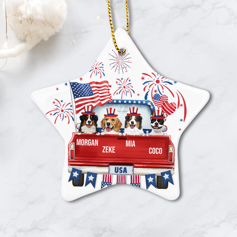 Personalized Ceramic Ornament (PRINTED ON BOTH SIDES) for dog lovers - 4th of July - Pickup Truck