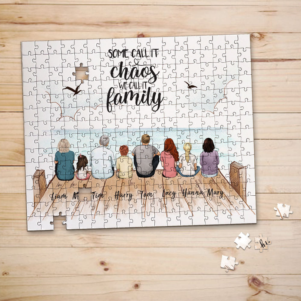 Personalized puzzle gifts for the whole family with custom message - UP TO 8 PEOPLE - Wooden dock