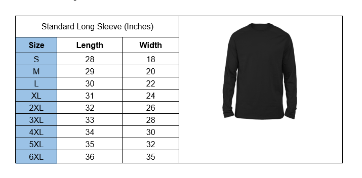 Custom Dog Owner Long Sleeves - Sizing chart