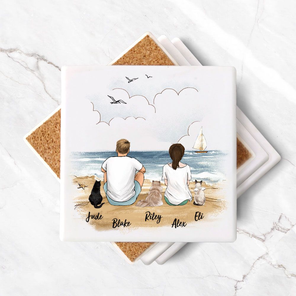 Personalized stone coasters (set of 4) gift for cat lovers  - CAT &amp; COUPLE - Beach - 2365