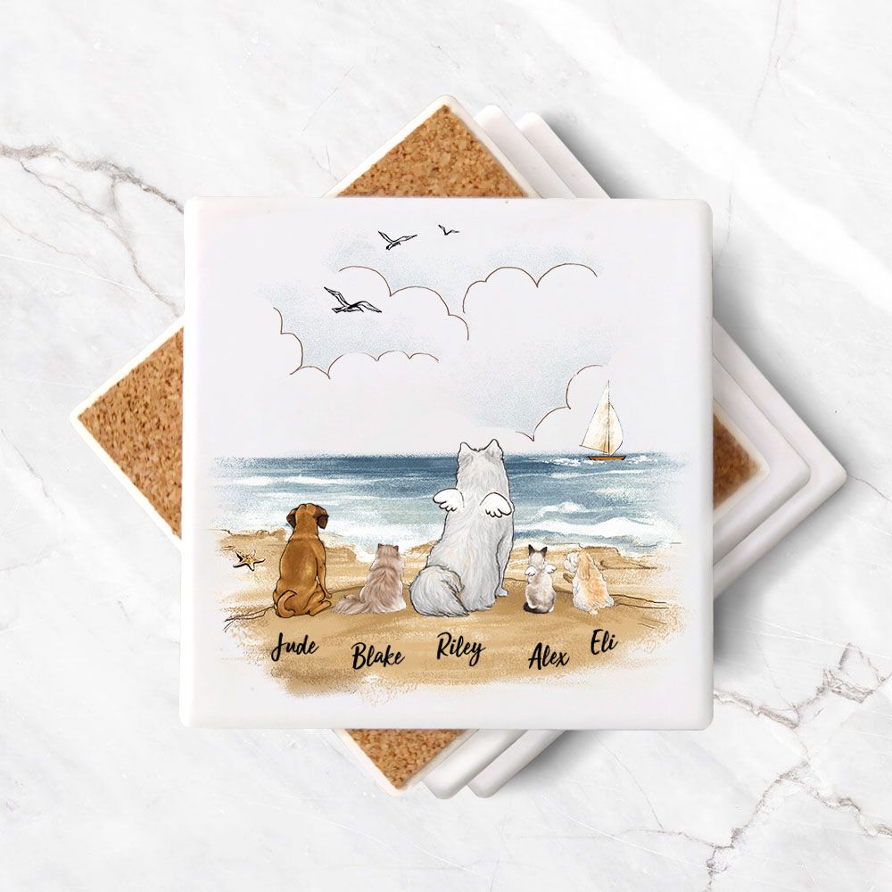 Personalized stone coasters (set of 4) gifts for dog cat lovers - DOG &amp; CAT - Beach - 2365