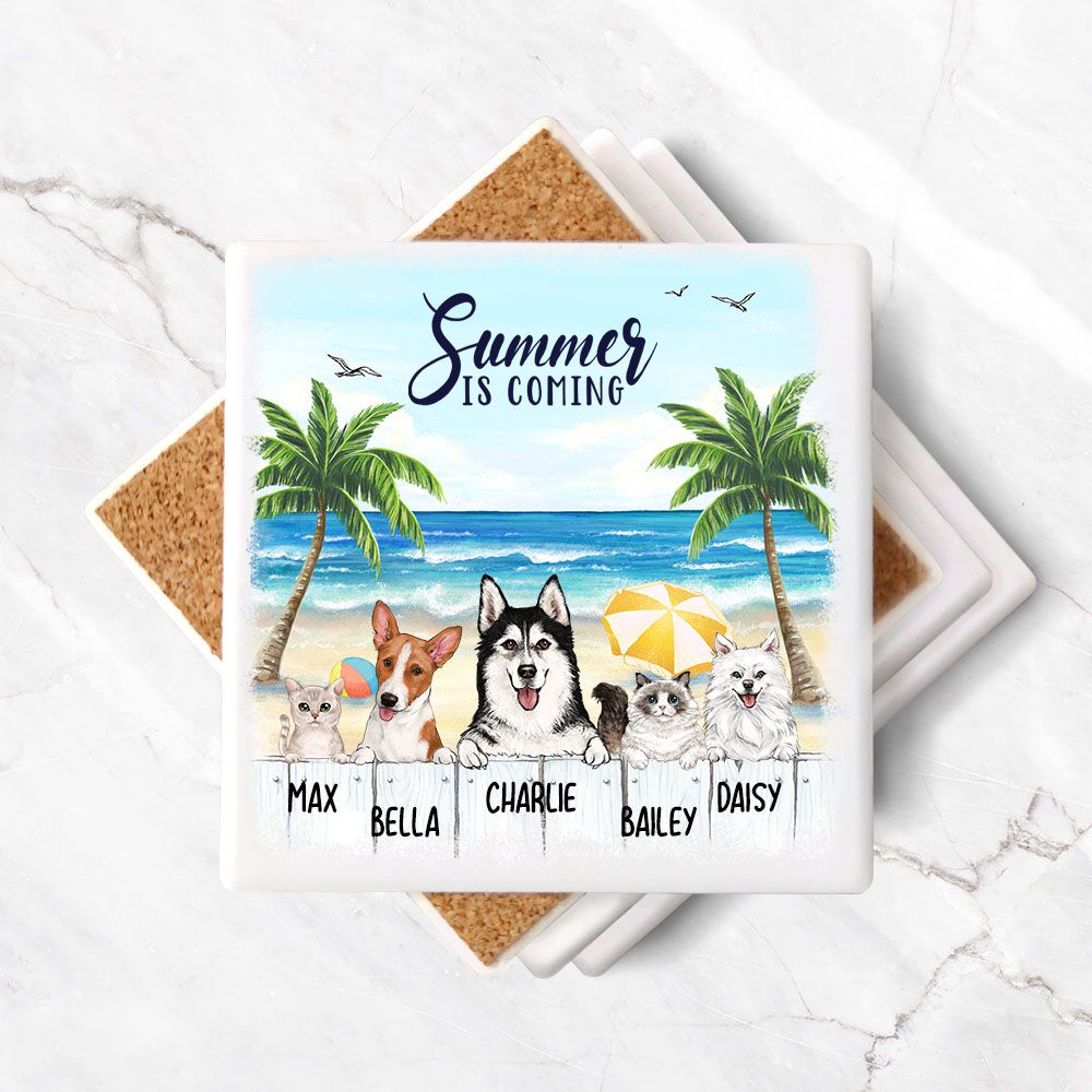 Personalized stone coasters (set of 4) gift for dog lovers - Summer beach