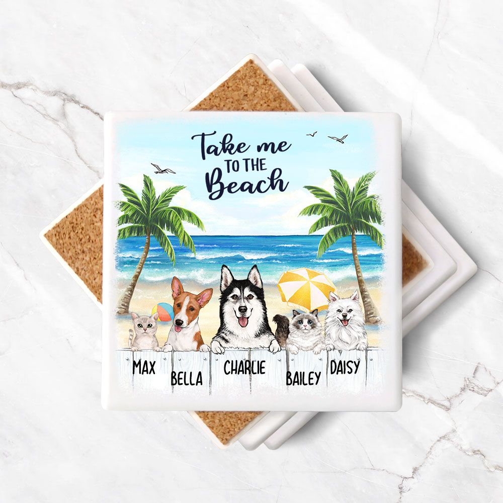 Personalized stone coasters (set of 4) gift for dog lovers - Summer beach