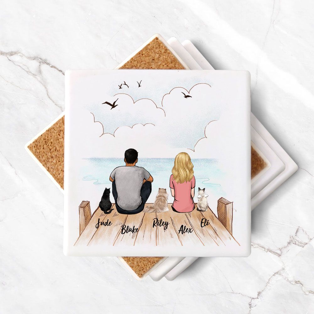 Personalized stone coasters (set of 4) gift for cat lovers - CAT &amp; COUPLE - Wooden dock - 2269
