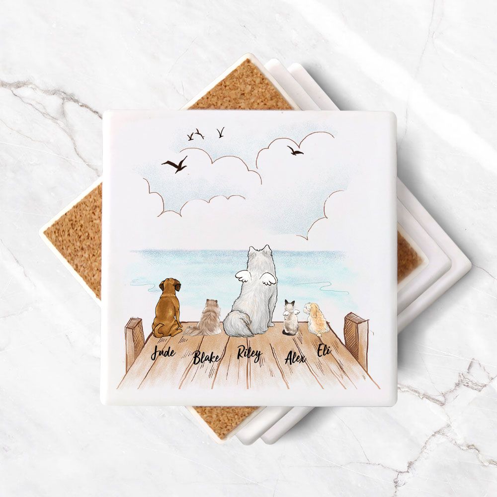 Personalized stone coasters (set of 4) gifts for dog cat lovers - DOG &amp; CAT - Wooden dock - 2269