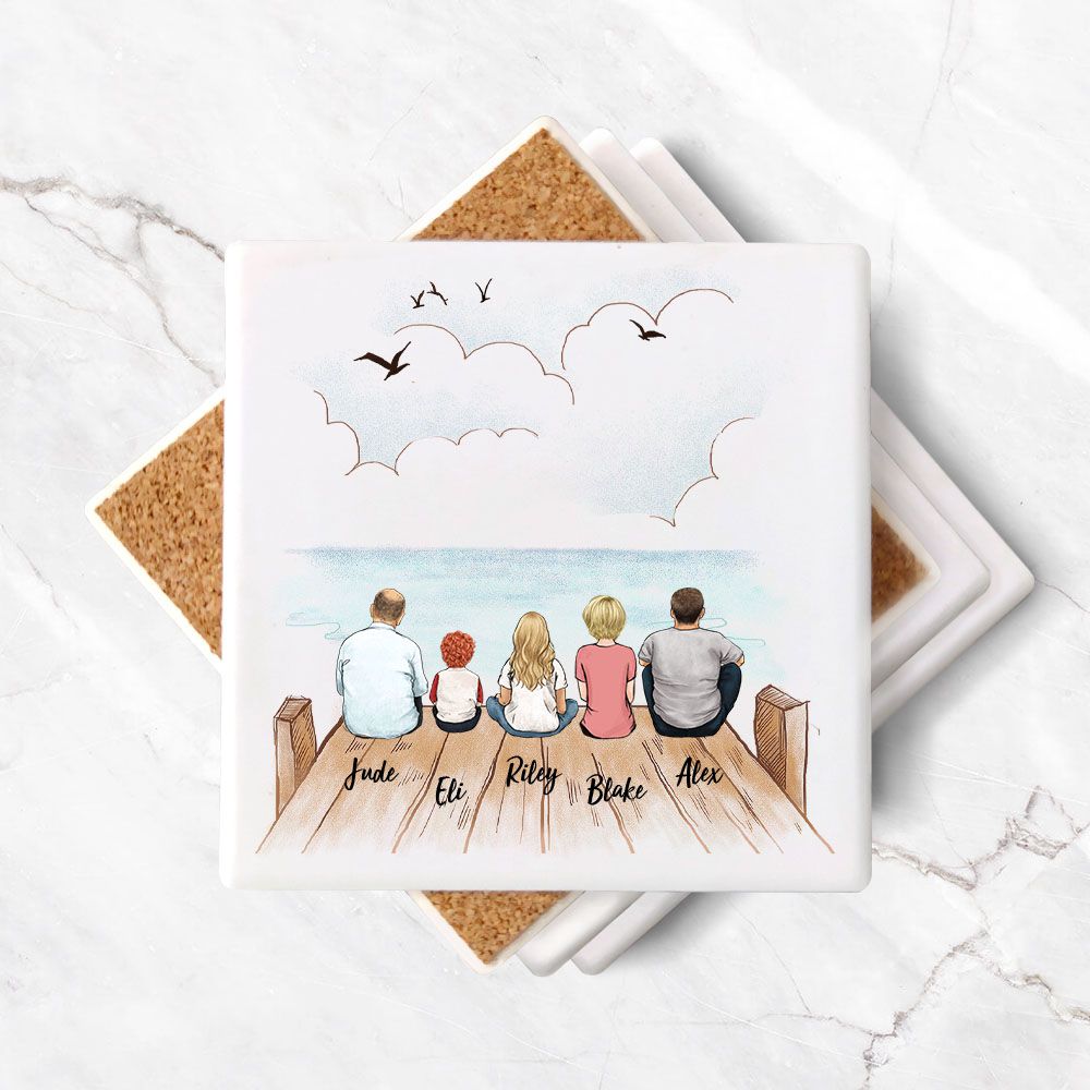 Personalized family stone coasters (set of 4) gifts for the whole family - UP TO 5 PEOPLE - Wooden dock - 2426