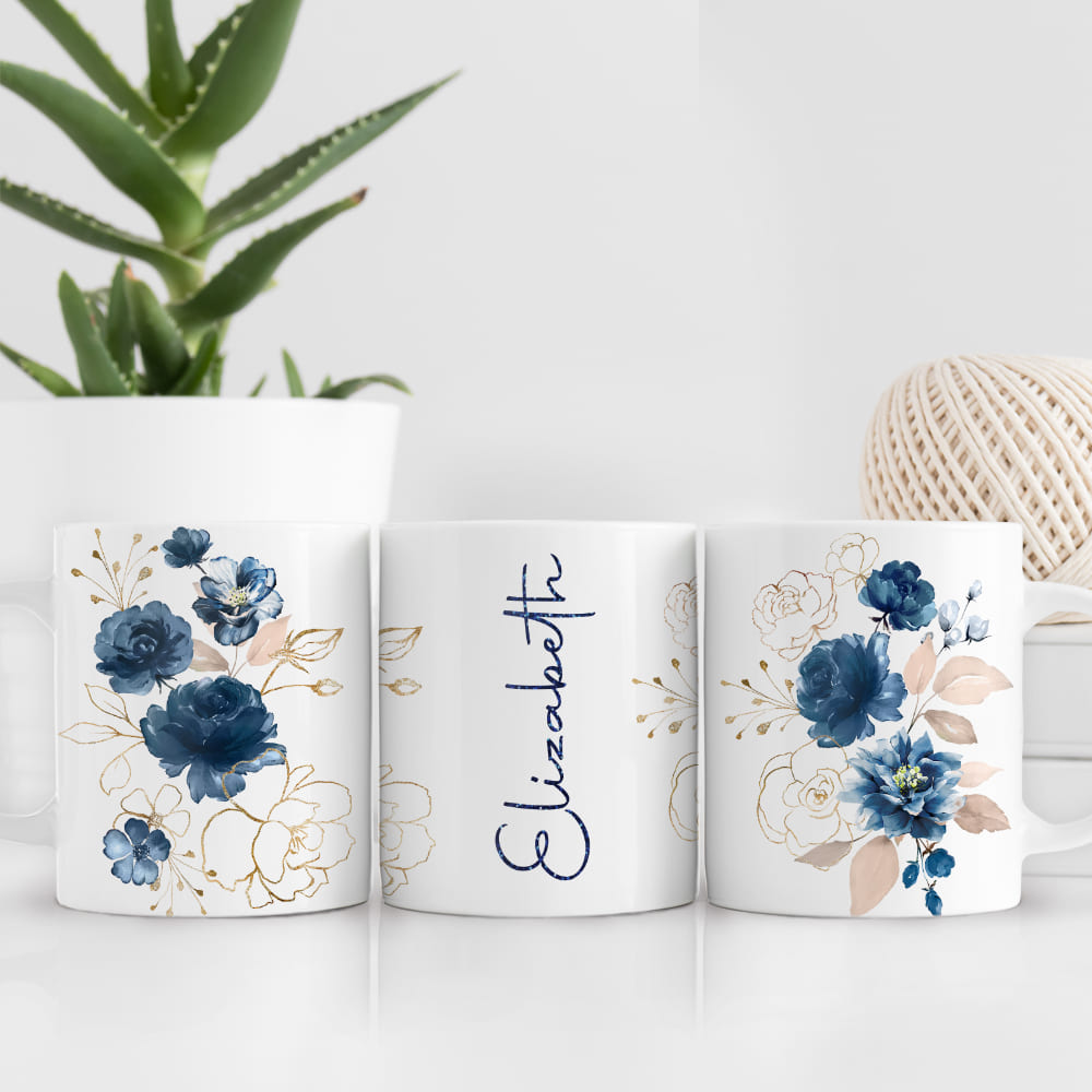 Personalized Floral Initial Blue Flower Edge to Edge Ceramic Coffee Mug