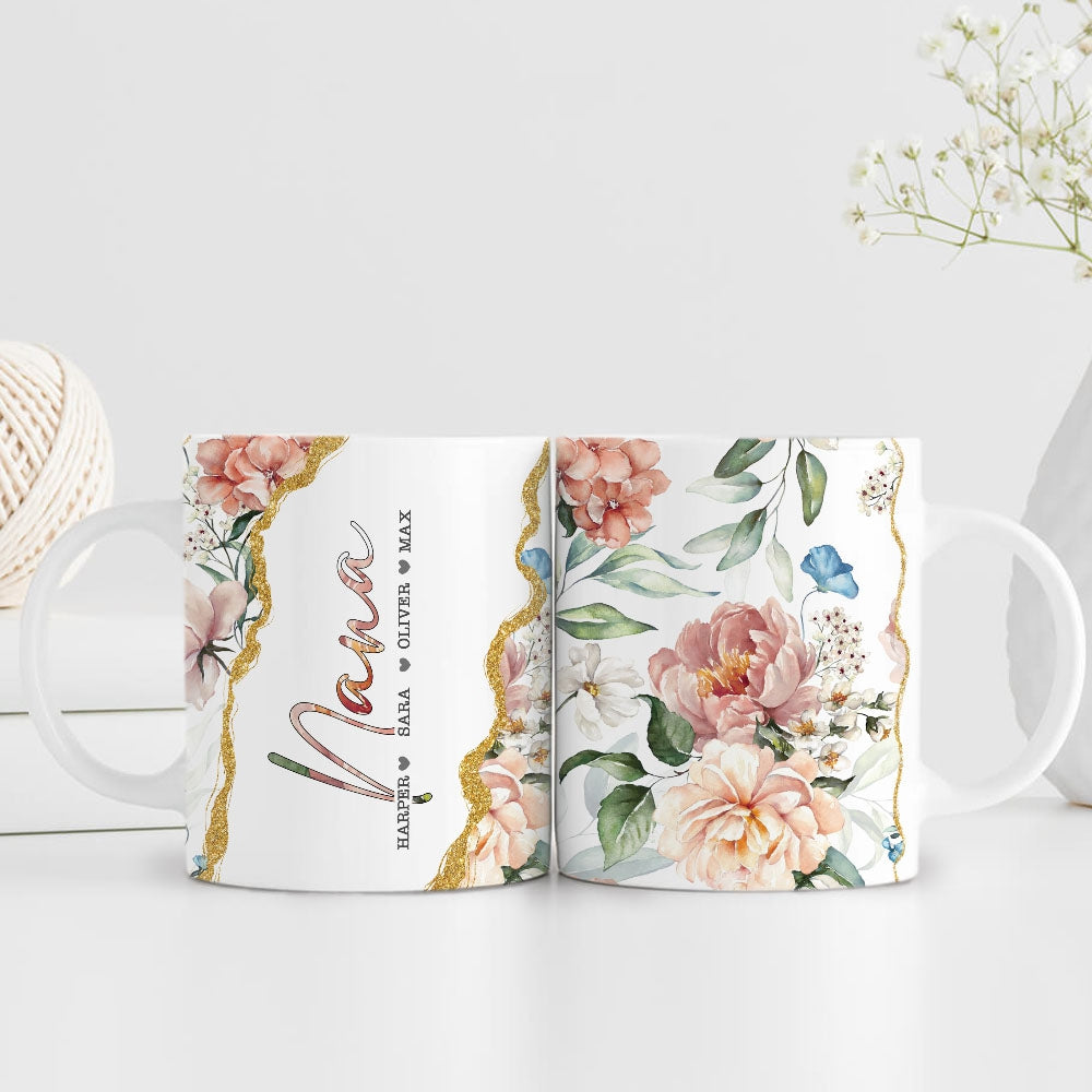 Personalized Grandma Edge to Edge Coffee Mugs - Best Grandma Gifts - Mugs With Grandkids&#39; Names - Grandma Mugs From Granddaughter Grandson - Mother&#39;s Day Gifts For Grandma Grandmother - Floral Mugs For Women