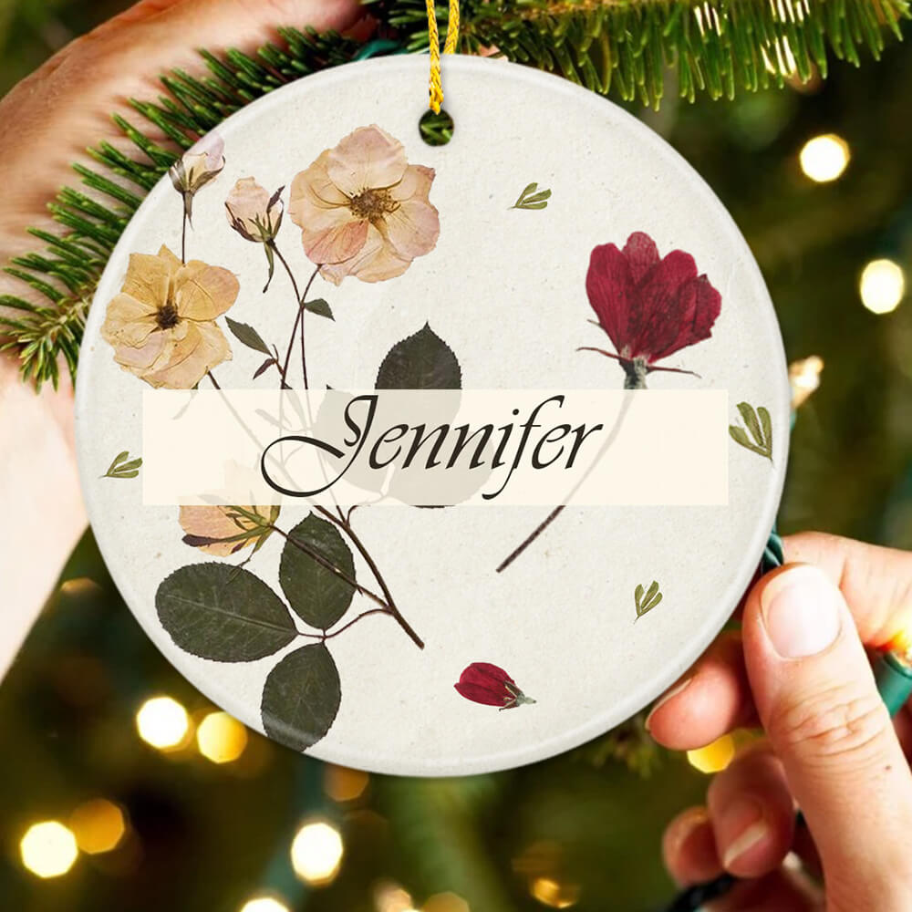 Personalized Christmas Ceramic Ornament Gifts - Pressed Flower - Custom Name