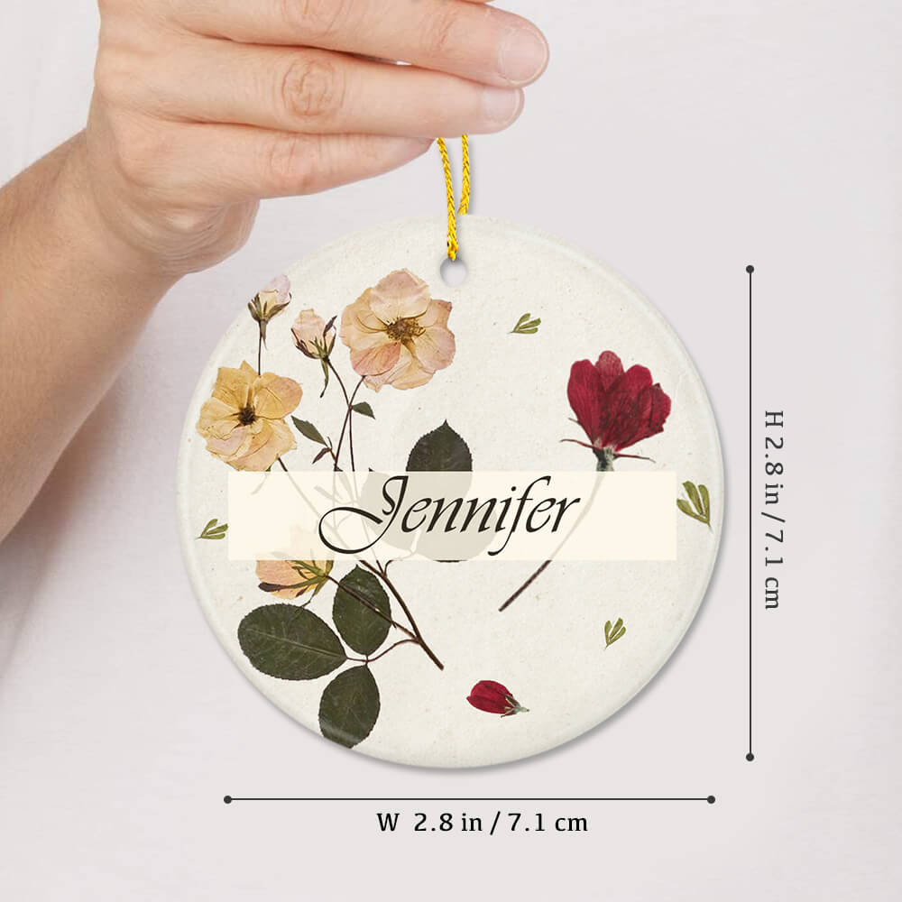 Personalized Christmas Ceramic Ornament Gifts - Pressed Flower - Custom Name