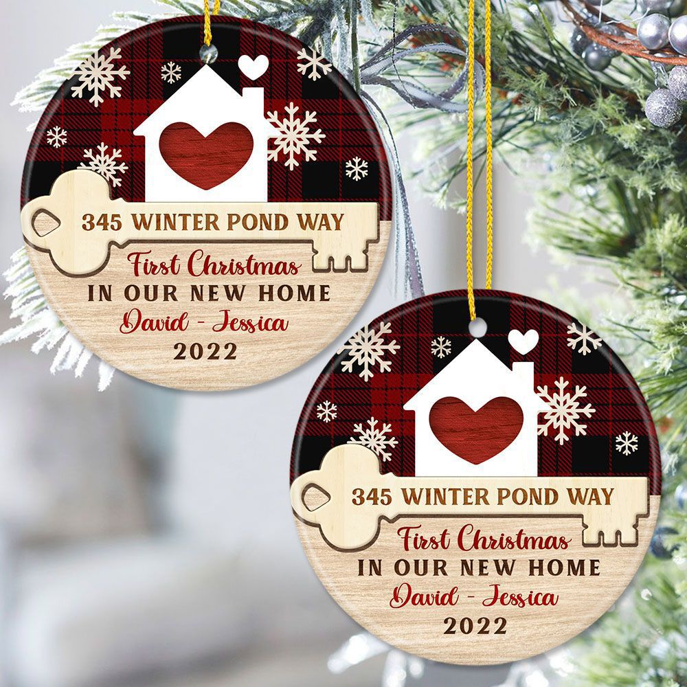 Personalized New Home Ceramic Ornament Gifts - First Christmas in Our New Home - Key House - Custom Address, Year &amp; Names