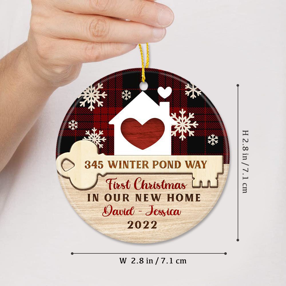 Personalized New Home Ceramic Ornament Gifts - First Christmas in Our New Home - Key House - Custom Address, Year &amp; Names