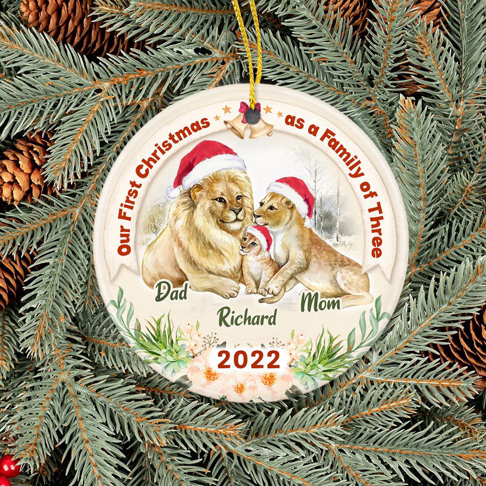 Personalized Family Ceramic Ornament Gifts - Our First Christmas as a Family of Three 2022 Lion - Custom Year &amp; Names