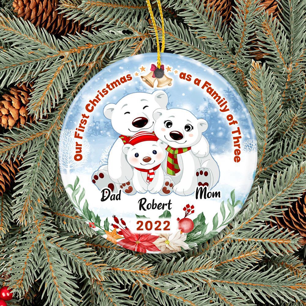 Personalized Family Ceramic Ornament Gifts - Our First Christmas as a Family of Three 2022 Polar Bears - Custom Year &amp; Names