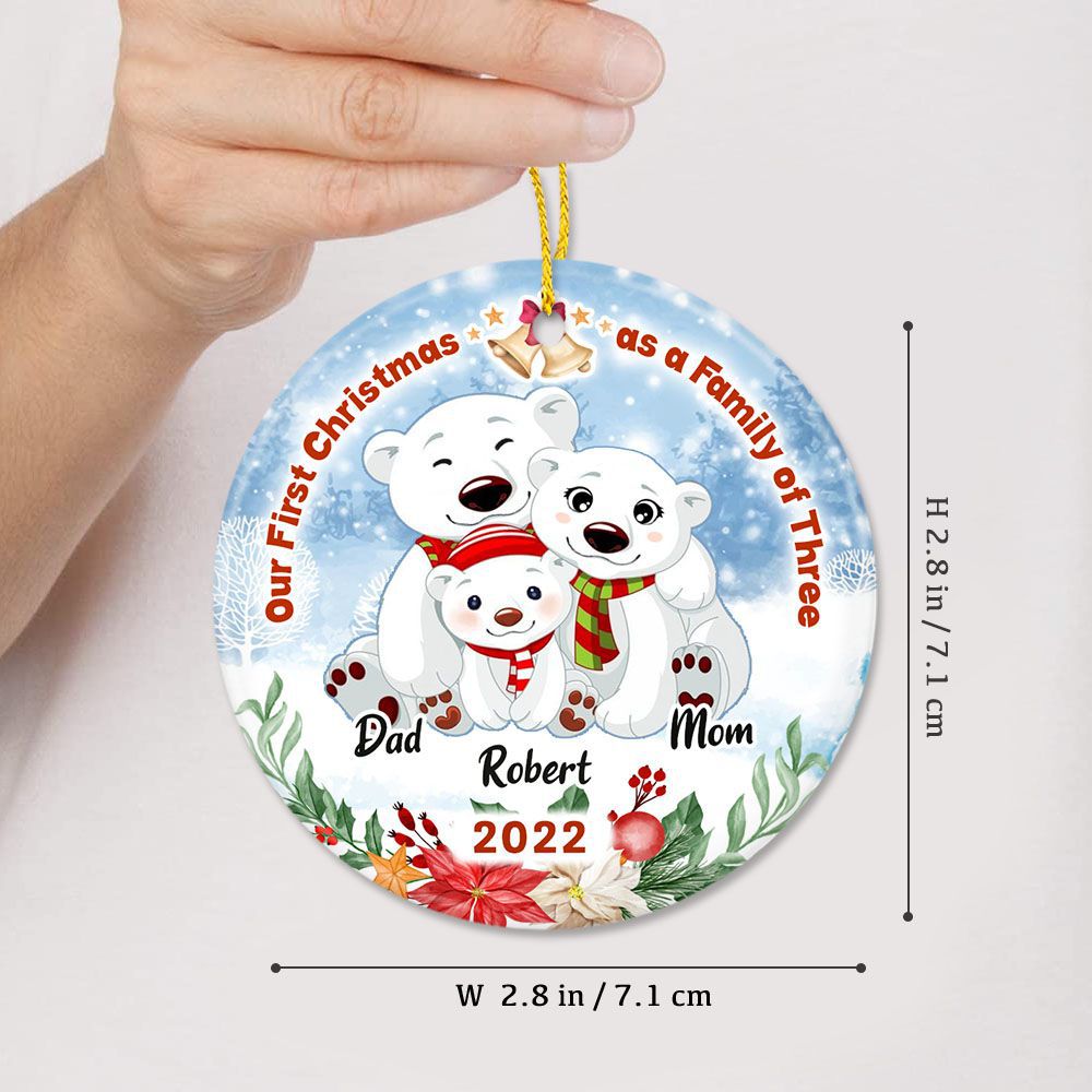 Personalized Family Ceramic Ornament Gifts - Our First Christmas as a Family of Three 2022 Polar Bears - Custom Year &amp; Names