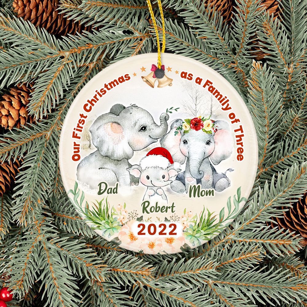 Personalized Family Ceramic Ornament Gifts - Our First Christmas as a Family of Three 2022 Elephant - Custom Year &amp; Names