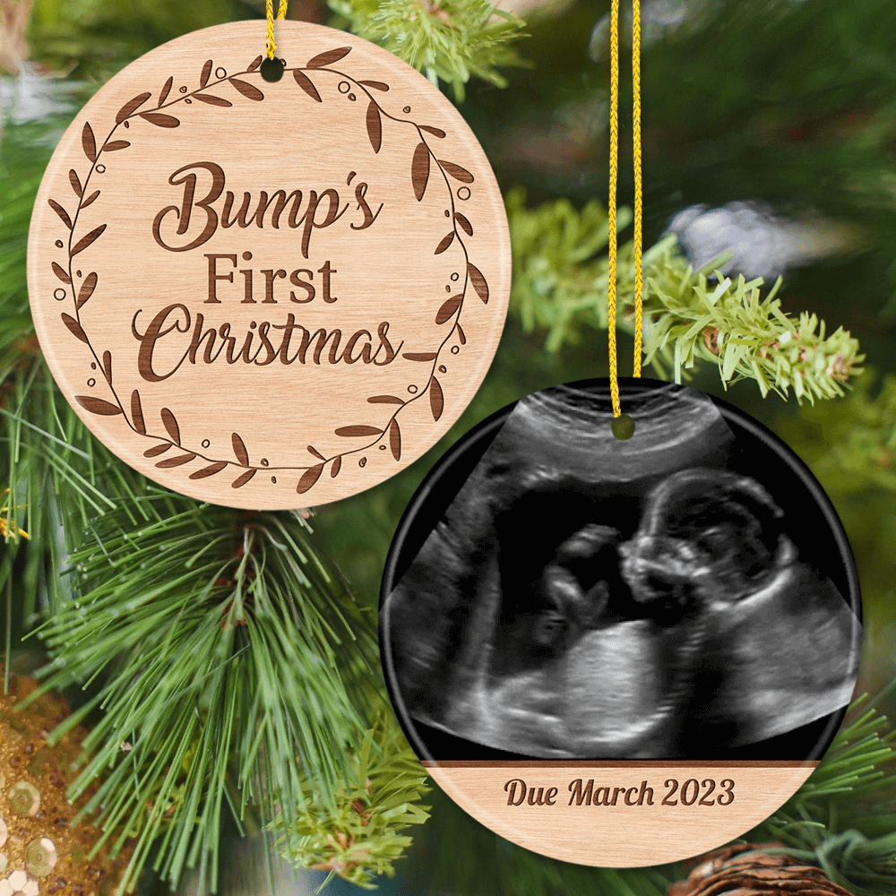 Personalized Christmas Ceramic Ornament with custom photo - Bump&#39;s first Christmas