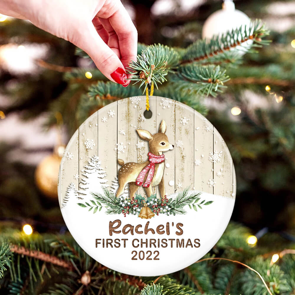 Personalized Christmas Ceramic Ornament gifts - First Christmas Baby - Wooden Baby Deer