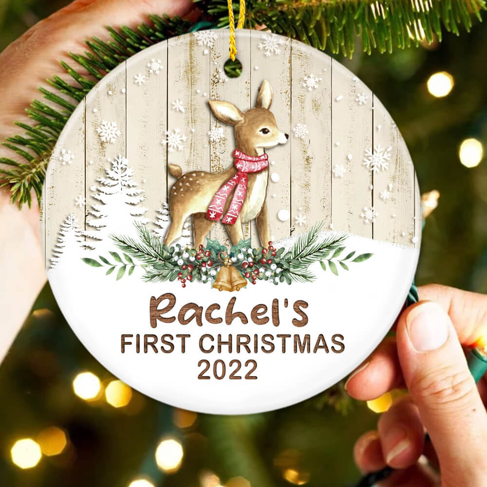 Personalized Christmas Ceramic Ornament gifts - First Christmas Baby - Wooden Baby Deer