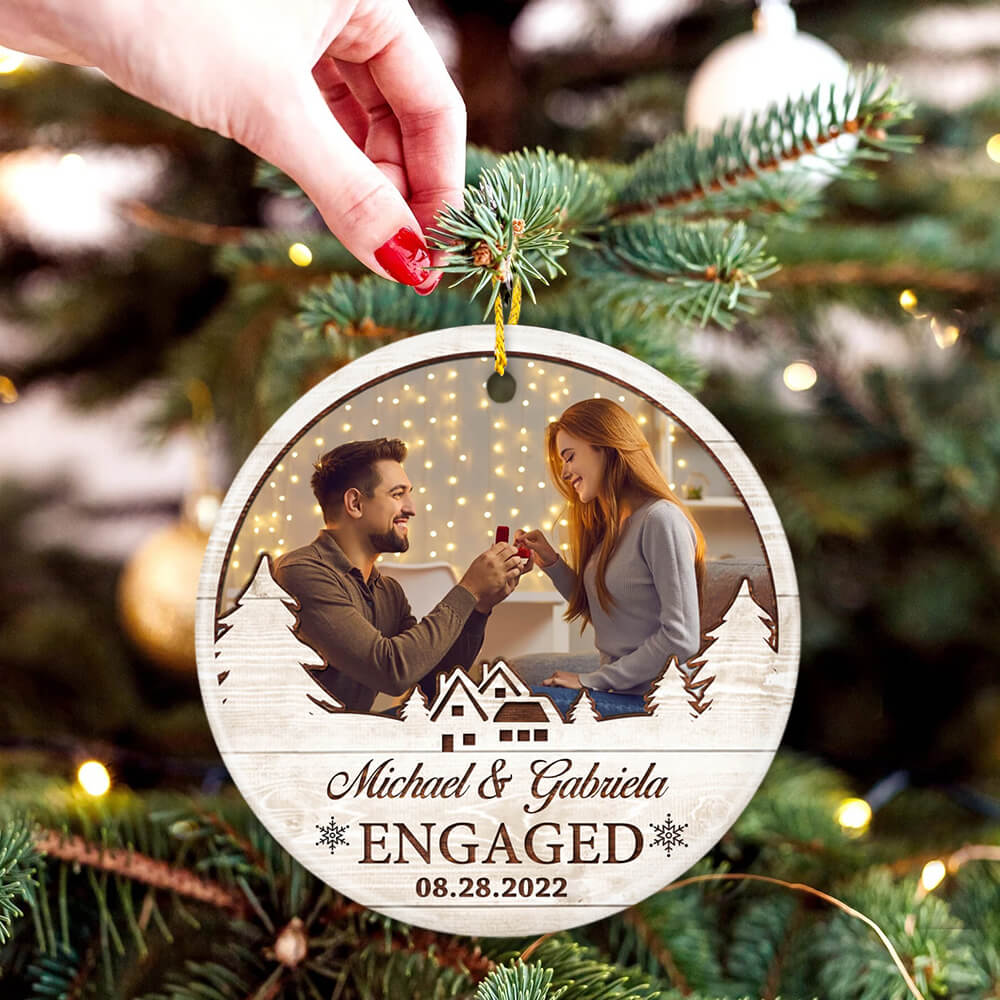 Personalized Christmas Ceramic Ornament with custom photo, name &amp; year for engaged couple - Our first Christmas