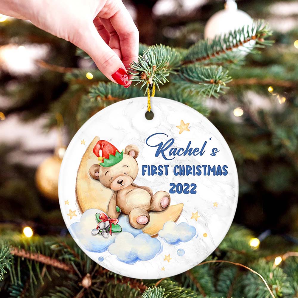 Personalized Christmas Ceramic Ornament gifts - Bear Baby&#39;s First Christmas for boy