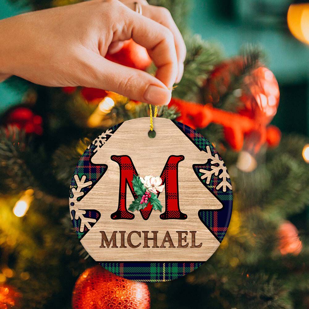 Personalized Christmas Ceramic Ornament with custom name &amp; letter - Buffalo Plaid