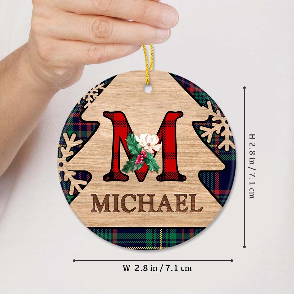 Personalized Christmas Ceramic Ornament with custom name &amp; letter - Buffalo Plaid