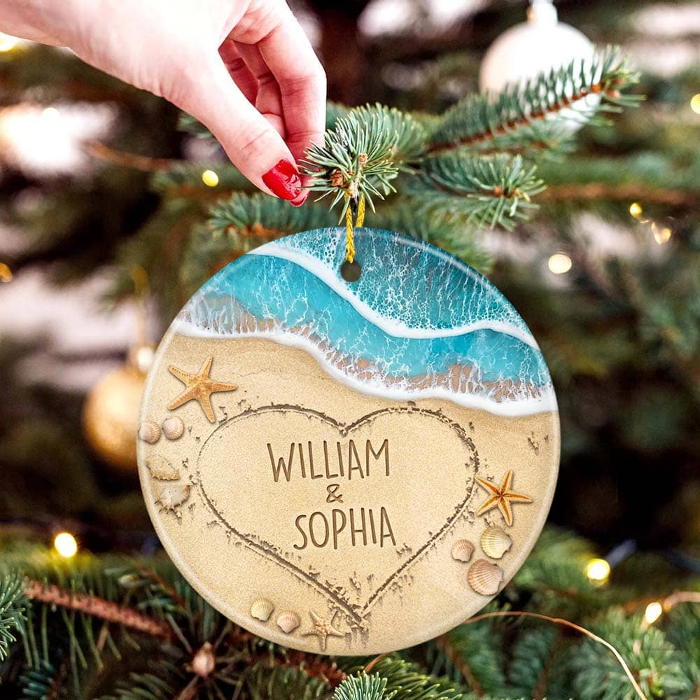 Couples Names In Sand Personalized Ceramic Ornament, Christmas