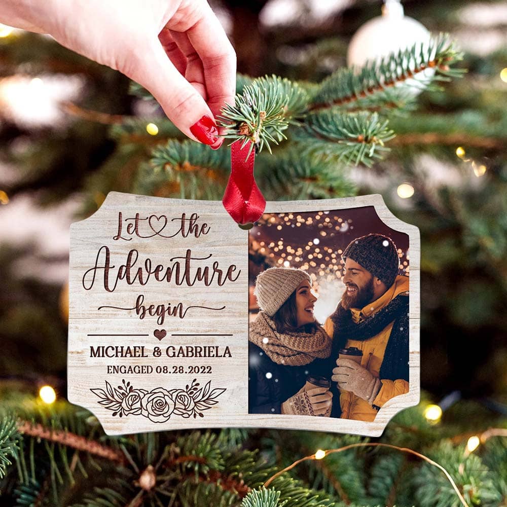 Personalized Scalloped Aluminum Ornament gifts for him for her - Let the adventure begin - Custom Photo