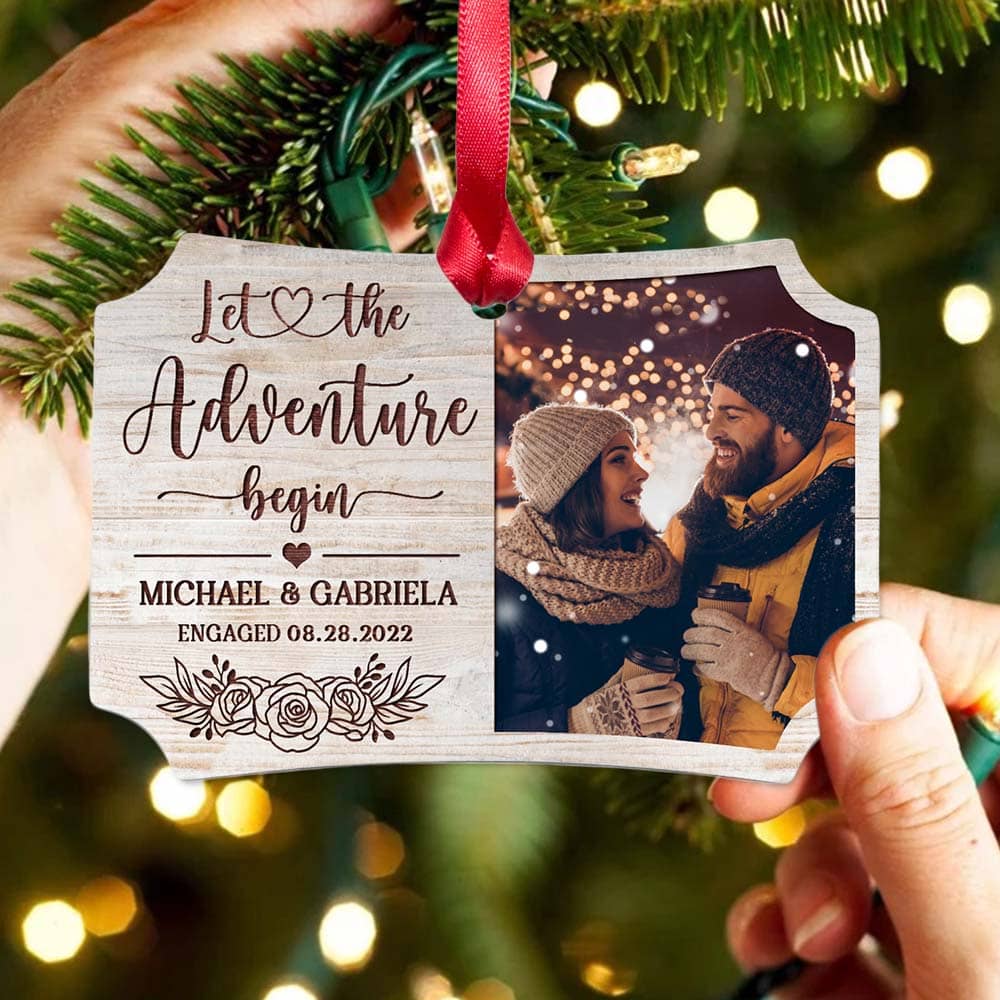 Personalized Scalloped Aluminum Ornament gifts for him for her - Let the adventure begin - Custom Photo