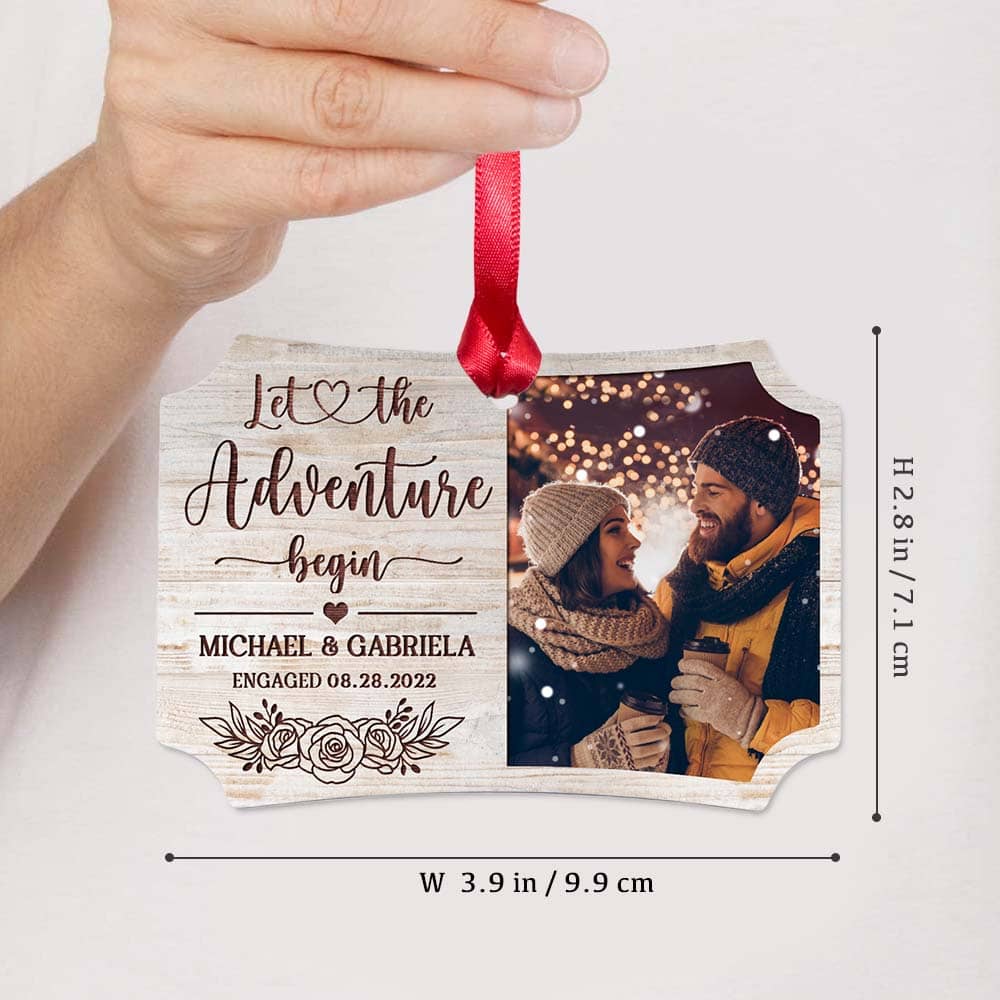 Personalized Scalloped Aluminum Ornament gifts for him for her - Let the adventure begin - Custom Photo