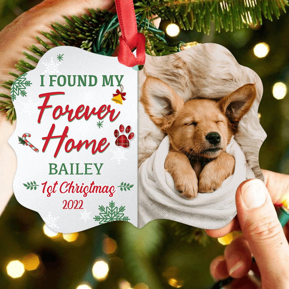 Personalized Dog First Christmas Medallion Metal Ornament - I found my forever home - Custom Photo, Name &amp; Year