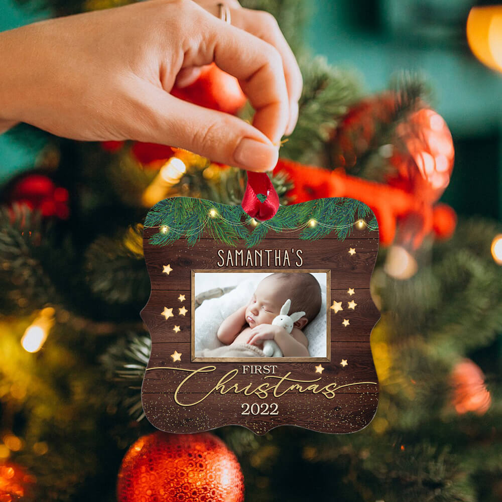 Personalized Square Metal Ornament gifts - Baby First Christmas - Rustic Wooden Picture Frame Custom Photo